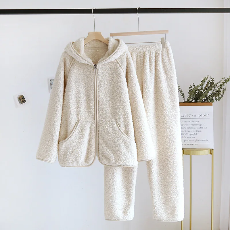 Winter Lamb Fleece Hooded Pajama For Women Warm Cardigan Zipper Home Sleepwear Solid Loose Big Pocket Female Nightclothes Autumn