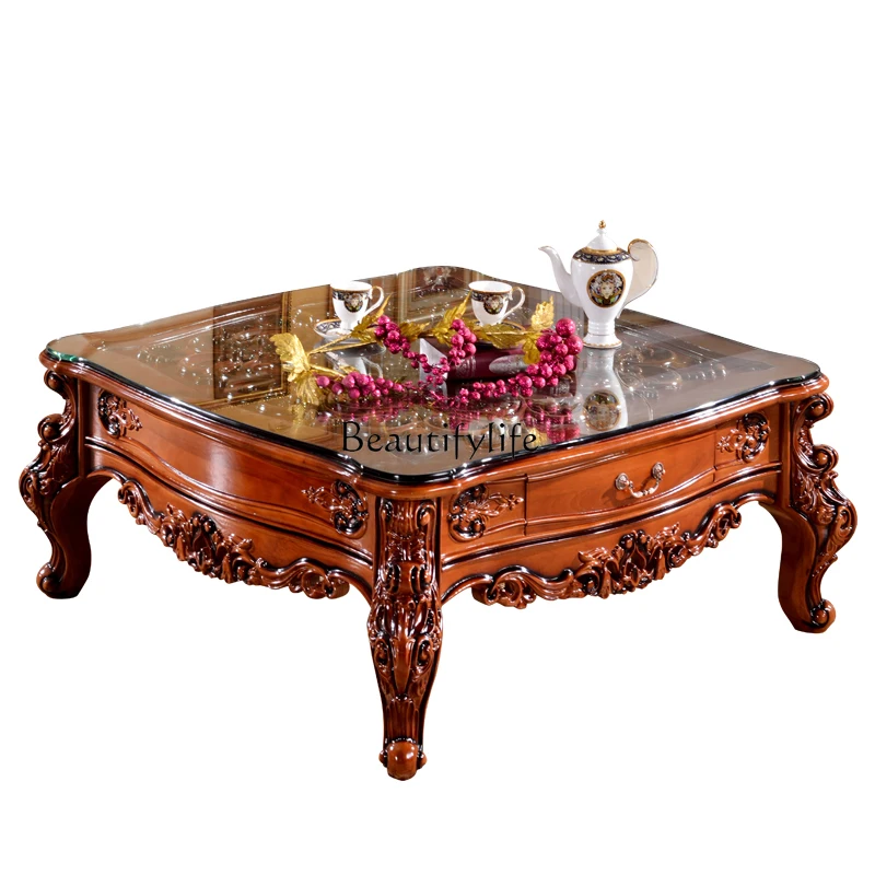 

European-style Coffee Table Full Solid Wood Oak Carved Tempered Glass Surface Coffee Table
