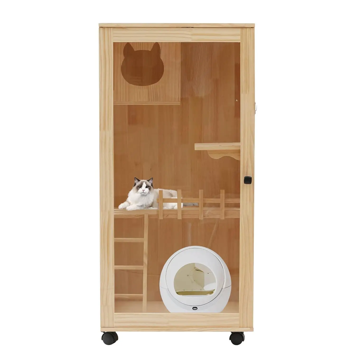 

Large Wooden Cat Villa, Multi-Feature Indoor Cat Enclosure with Wheel and Lamp Oversized Wheels Cats Condo for, Customized