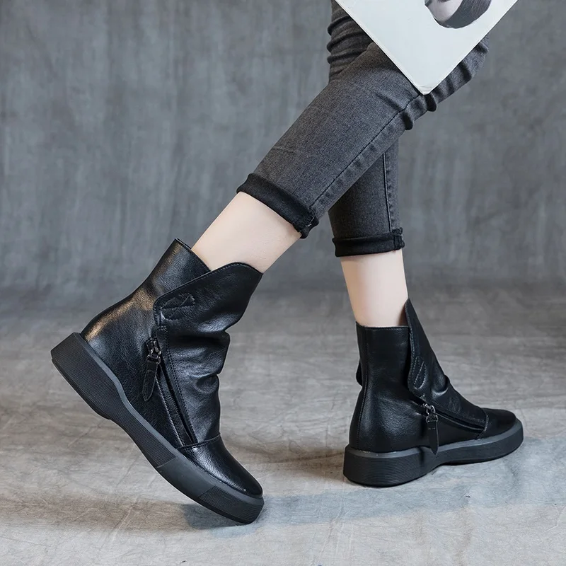 DRKANOL 2024 Vintage PU Leather Women Boots Fashion Solid Black Side Zipper Flat Ankle Boots For Women Winter Warm Boots Shoes