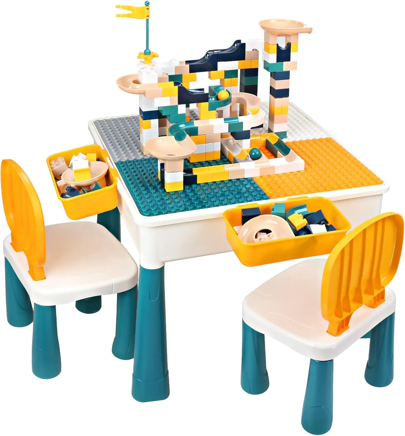 

All-in-One Kids Table and Chairs Set with 100PCS Preschool Classroom Must Haves Multi Activity Toddler Table Kids Building Block