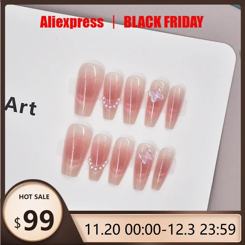 

10 шт., розовая бабочка, кошачий глаз, ручная работа, накладные ногти, типсы для ногтей с полным покрытием для женщин и девочек, короткие съемные носимые ногти