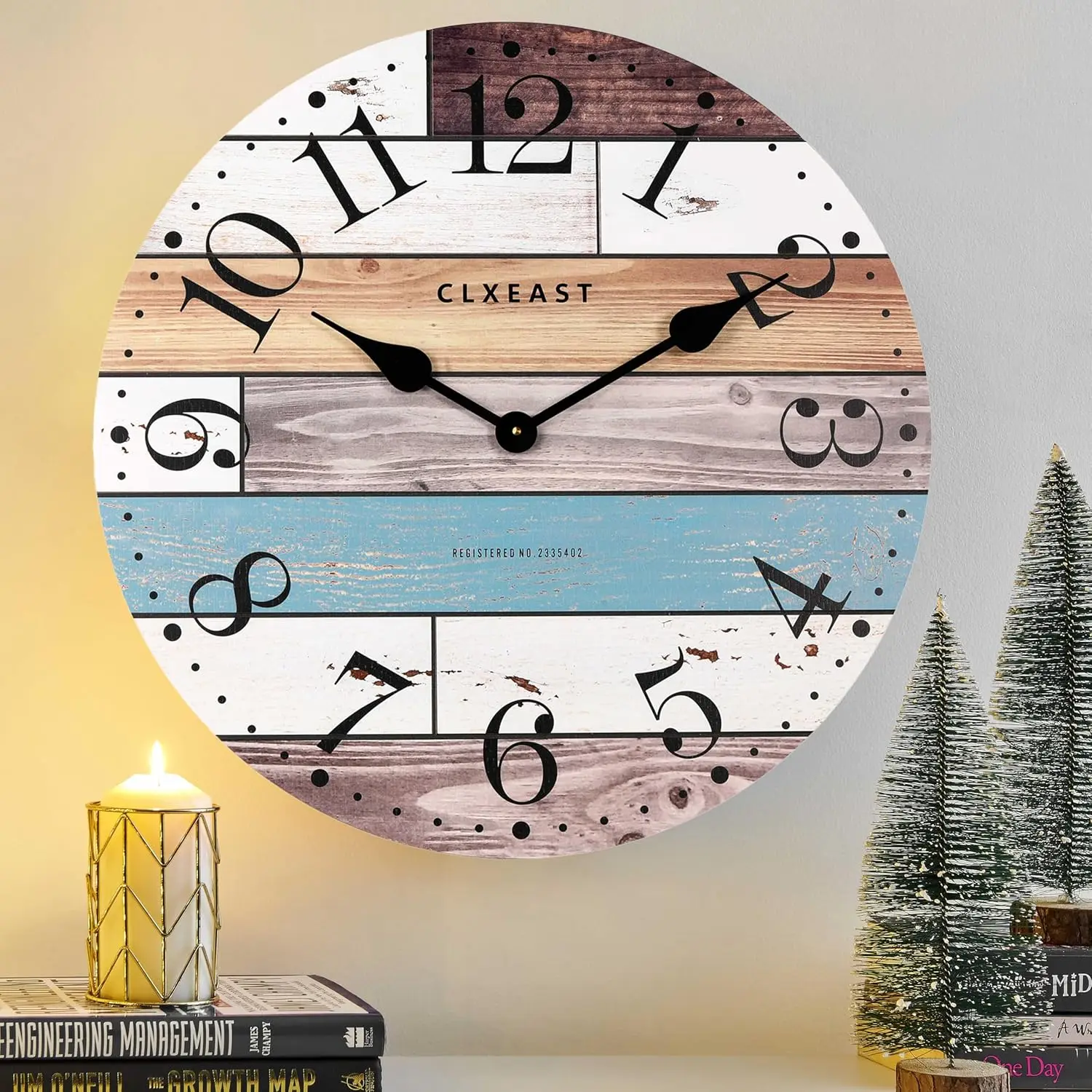 

24 Inch Multicolor Woodgrain Shiplap Wall Clocks for Living Room Decor, Large Farmhouse Wall Clock,Coastal Beach Nautical Style