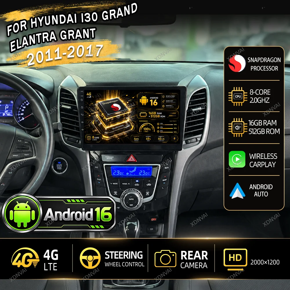 Android 16 For Hyundai I30 Grand Elantra Grant 2011 - 2017 Car Radio Multimedia Video Player BT Carplay Navigation RDS GPS DSP