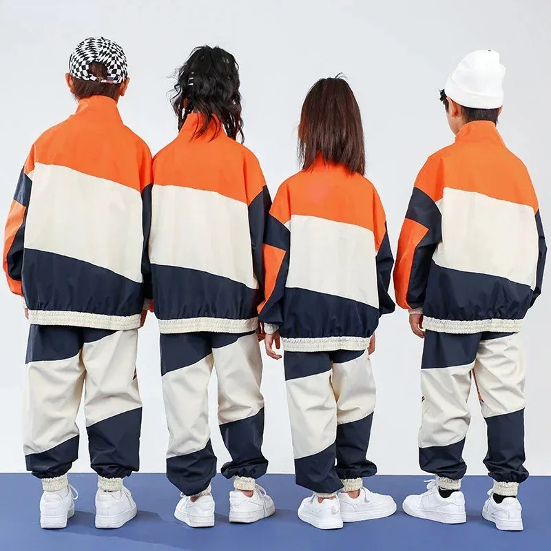 Бейсбольная куртка в стиле хип-хоп для мальчиков, свободные брюки для уличных танцев, контрастное пальто для девочек, комплекты детской спортивной одежды для джаза, детская уличная одежда