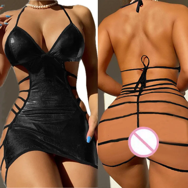 Hot Sexy PU Leather Short Dress Woman Sexy Lingerie Shiny Backbare Clothes Erotic Bodysuit Bdsm Underwear Porn Cosplay Costume