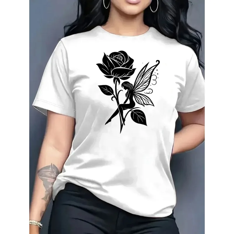 Rose Elf Printed Women's T-shirt 2026 Summer Retro Rose Elf Female T-shirts Casual Short Sleeved Women's Clothing Tops