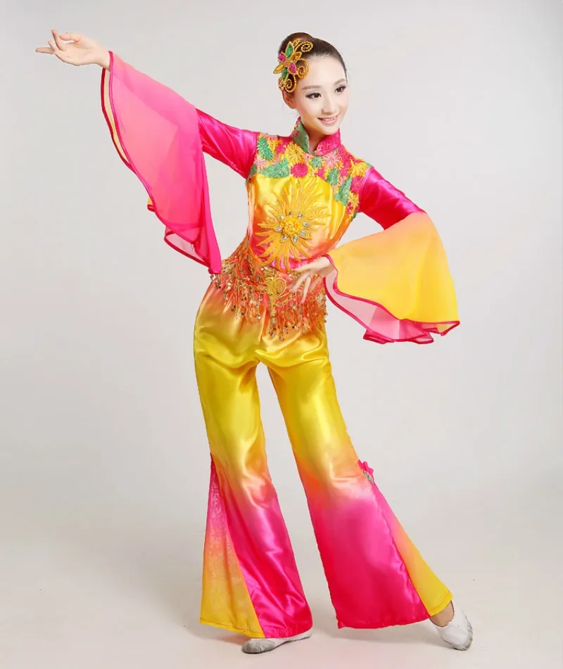 Ropa tradicional china para mujer, traje amarillo de Fan de la danza folclórica de Yangko antiguo, trajes de baile para mujer