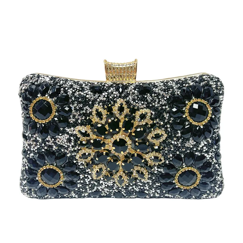 Black Base Gold Snowflake Big Rhinestone Rectangle Clutch Bag Large Crystal Floral Decor Evening Handbag Luxury Wedding Purse