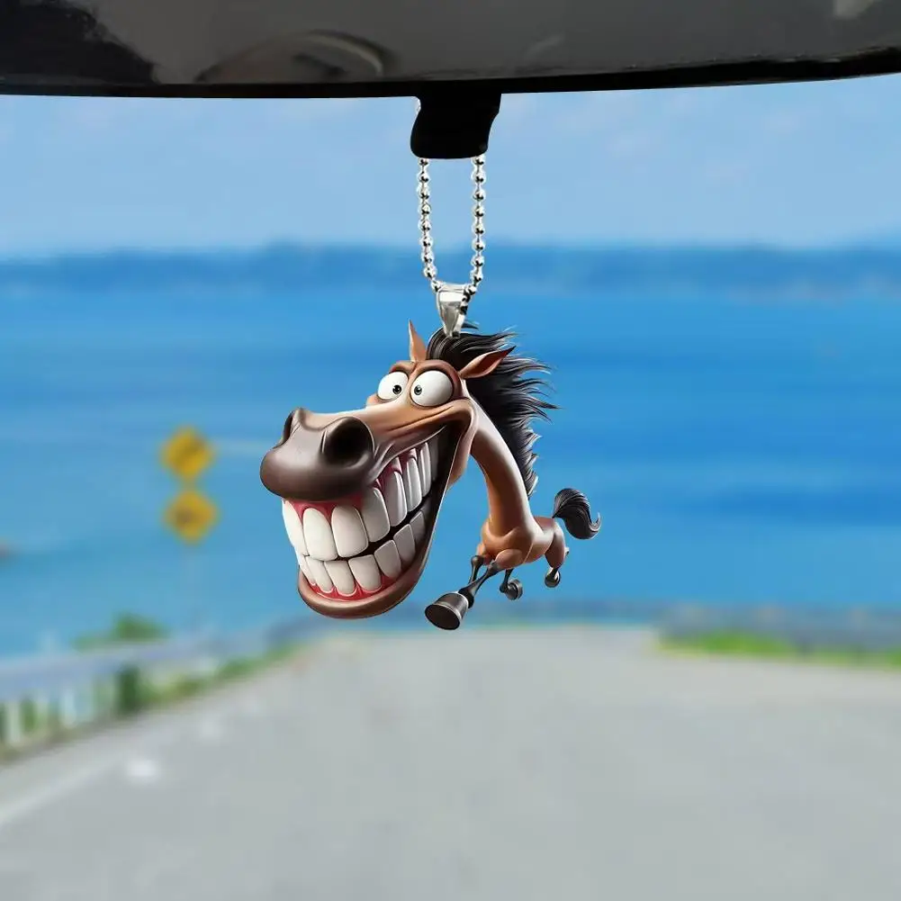 Car Pendant Running Horse Keychain Cartoon Big Mouth Horse 2D Acrylic Key Chain Cute Lightweight Durable Decorative Accessory