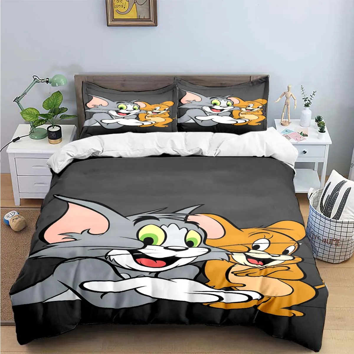 Cute Cartoon Characters Cat Mouse T-Tom-and-Jerry Printing Bedding Set Duvet Cover Comforter Bed  Youth Kids Girl Boys Gift