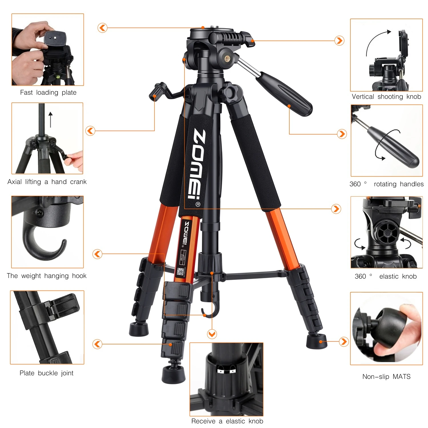 187 cm / 73,6 inch hoog Zomei aluminium draagbaar statief voor camera DSLR Canon Nikon, 360 graden panorama fotografie telefoonstandaard