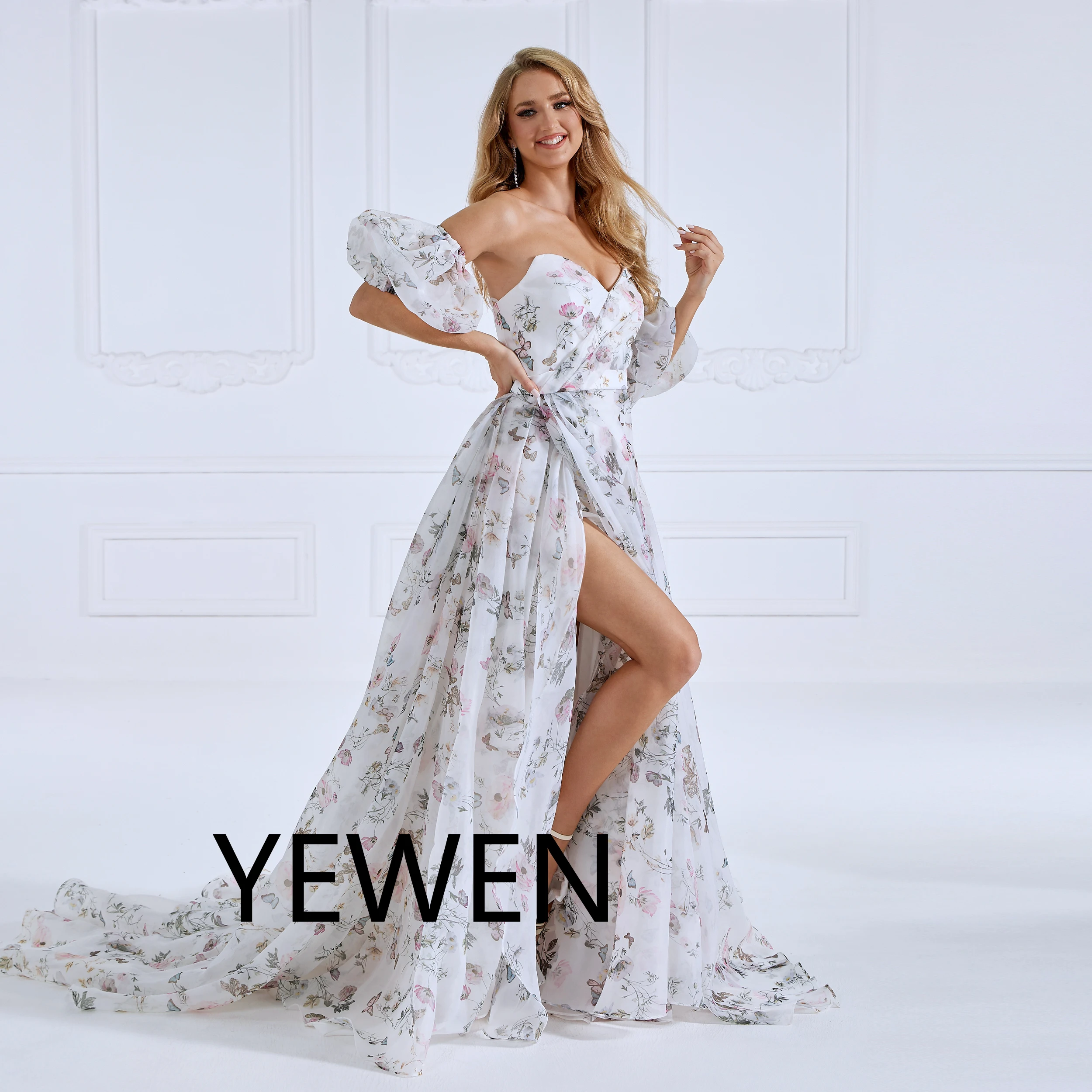 Elegant Print Floral Sweatheart Neckline Off Shoulder Evening Dresses Photo Shoot YW230730