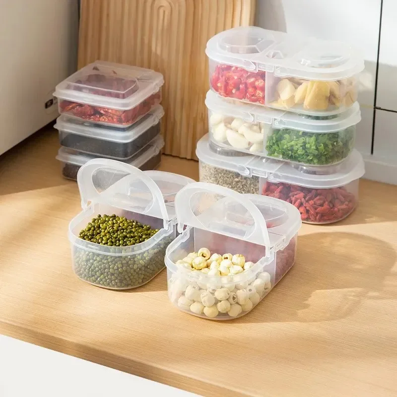 Kitchen Storage Box Condiment Boxes Plain Double Compartment with Lid Sealing Jar Refrigerator Food Fruit Organizer Box Crisper