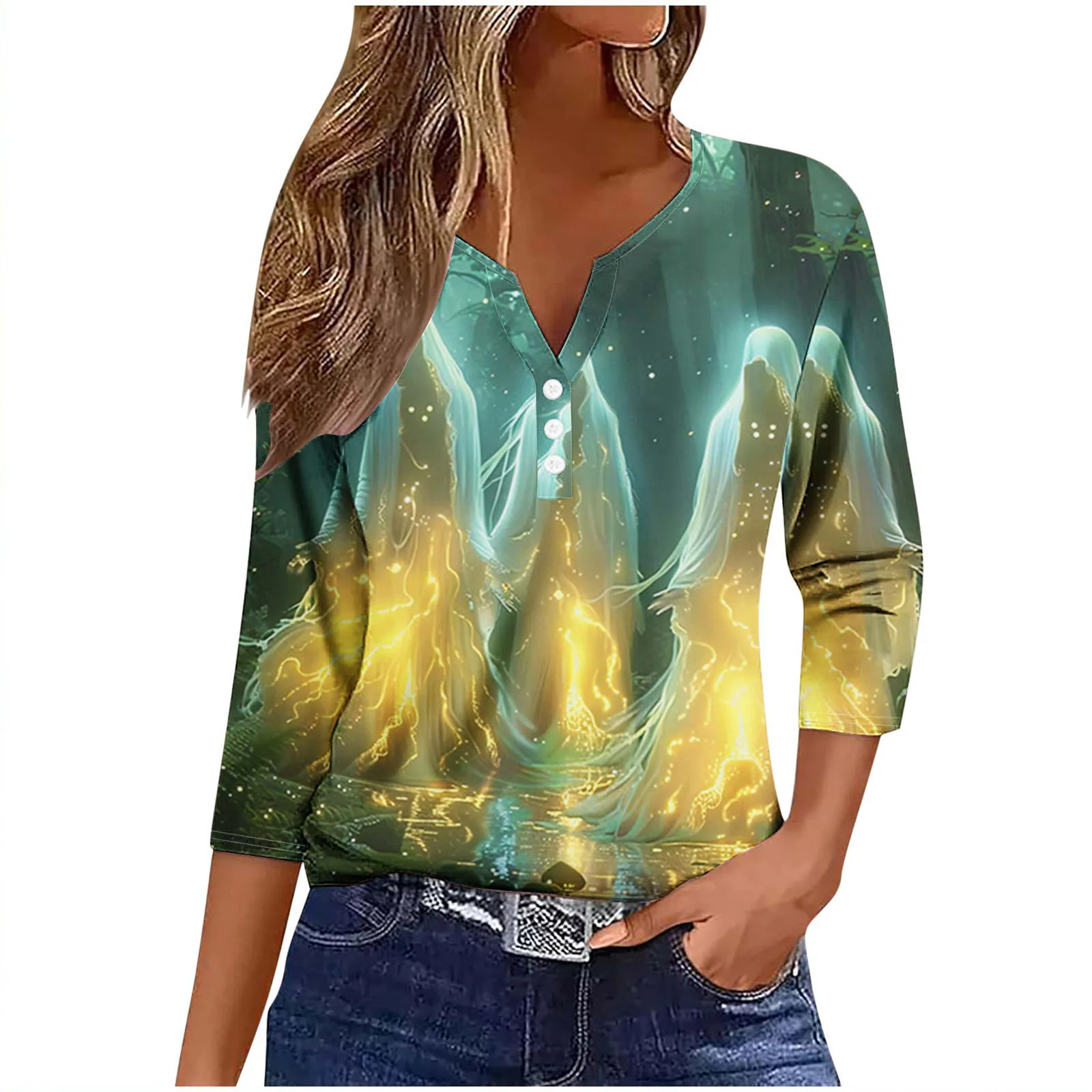 Autumn Women's Long Sleeved T-shirt Scary Halloween Ghost Print Casual Holiday Atmosphere Street Tops for Women