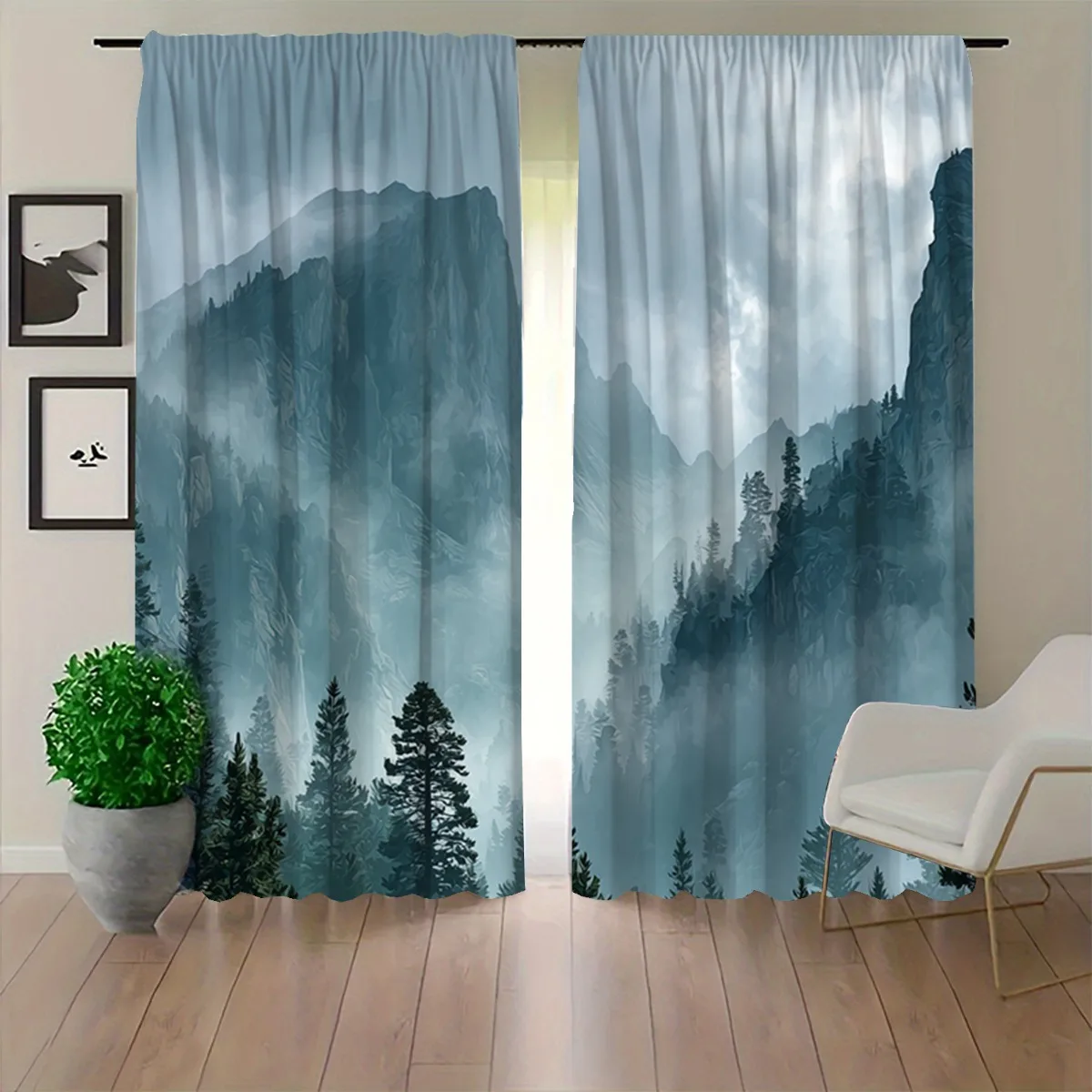 Soft Misty Mountain Pine Forest Blackout Rod Pocket Curtain Blue Ink Landscape Decor Nature Homestay Living Rest Bay Window