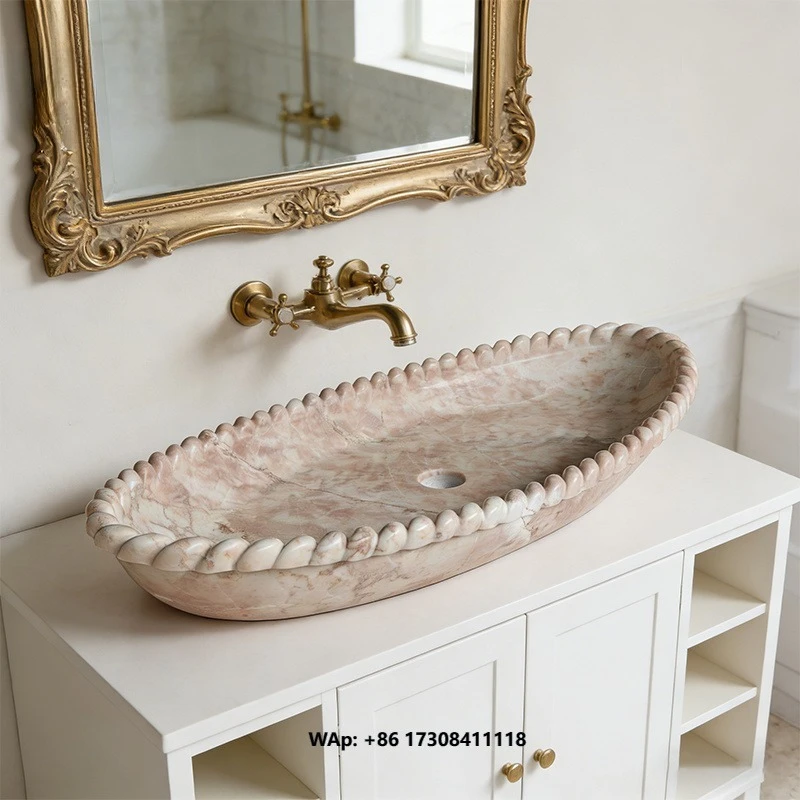 Luxury 100% Natrual Stone Cream Rose Pink Marble Bathroom Wash Basin Sink for Villa Apartment Bathroom Hotel Furniture