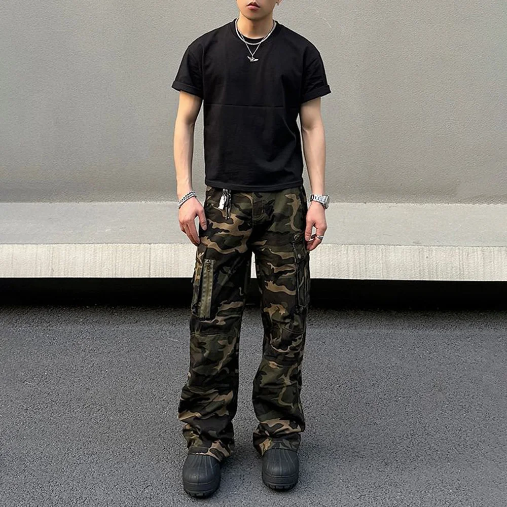 Mens Denim Trousers Vintage American Retro High Street Camouflage Functional Design Straight Durable Versatile Trousers Summer