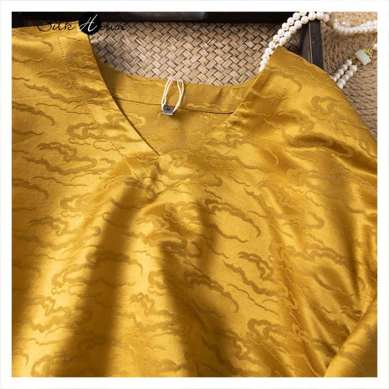 Women's Clothing 100% Natural Mulberry Silk Xiangyun Jacquard Satin Two Side Split Comfortable Skin Friendly V-neck T-shirt