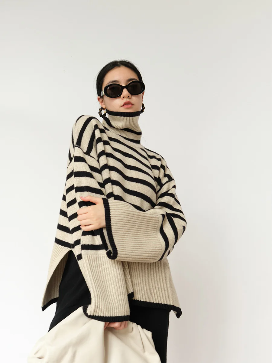 Striped High Neck Sweater for Women 2024 New Spring and Autumn Loose Design Niche Knit Sweater Pullover Jacket