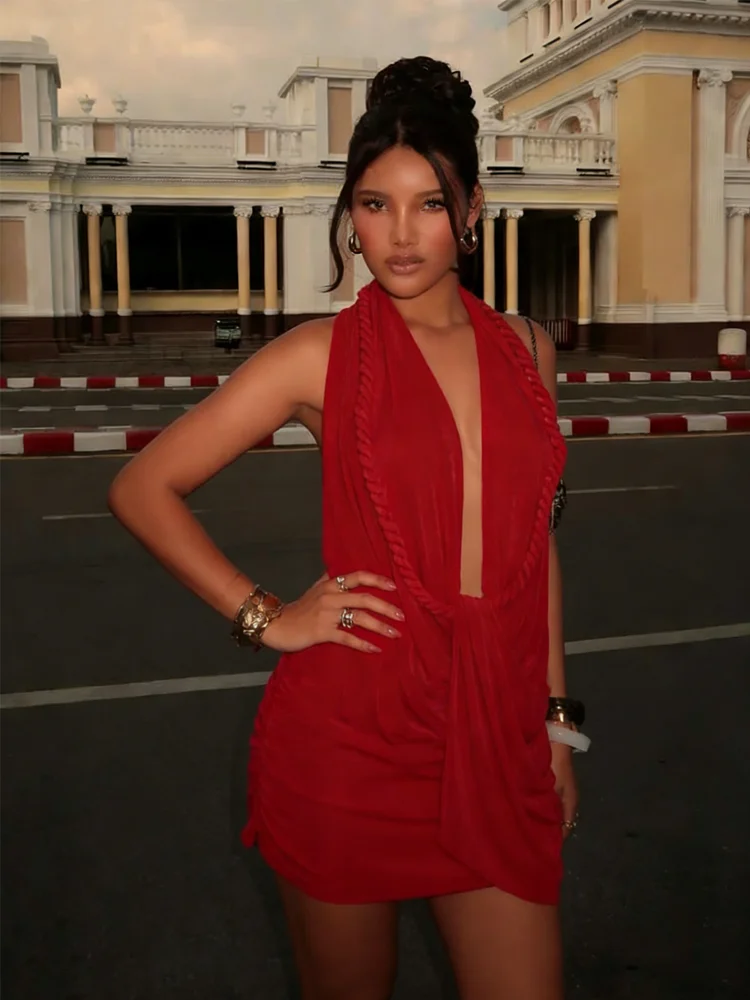 

Женское платье Nibber Wild Chic с завязками, вырезом халтер, глубоким декольте, без рукавов, с открытой спиной, для вечеринок, сексуальное, модное, облегающее