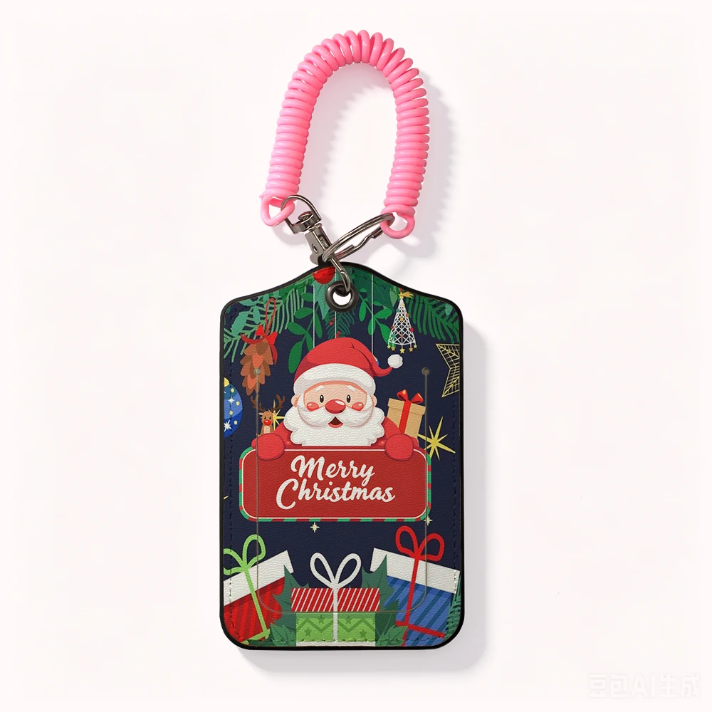 Christmas PU Luggage Tag with Coil Spring Strap, Xmas Santa Tree Elk Print Suitcase ID Name Tag, Travel Bag Accessories 261013XL