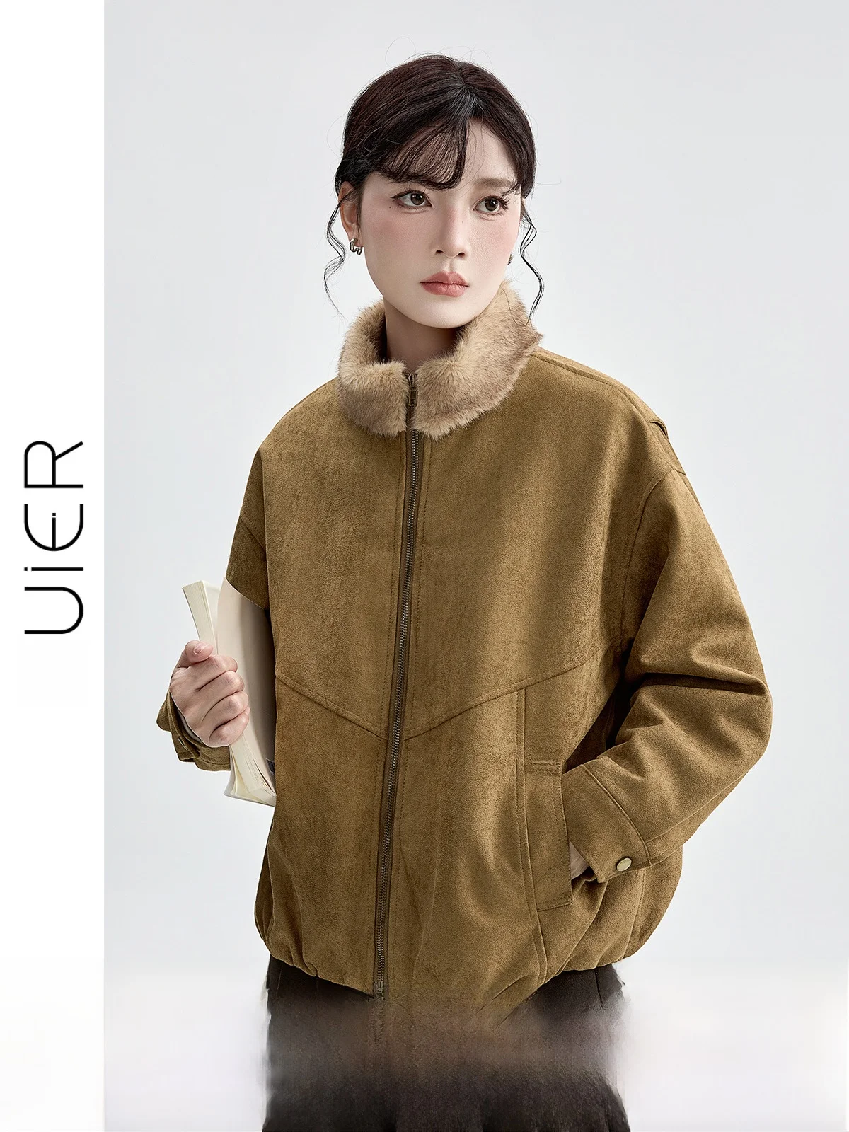 

Guier Women's Suede Jaet Cotton Lined Loose Fit Fur Collar Retro Sle Winter Outerwear Long Sve Zipper Closure Color