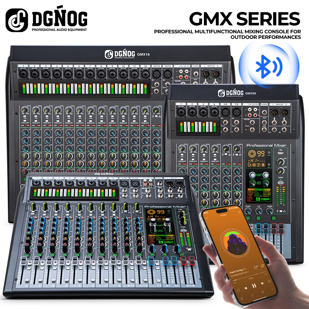 DGNOG GMX 8/12/16-Channel Audio Mixer/Soundboard with 99-Bit DSP Effects USB Audio Interface, and +48V Phantom Power & Bluetooth