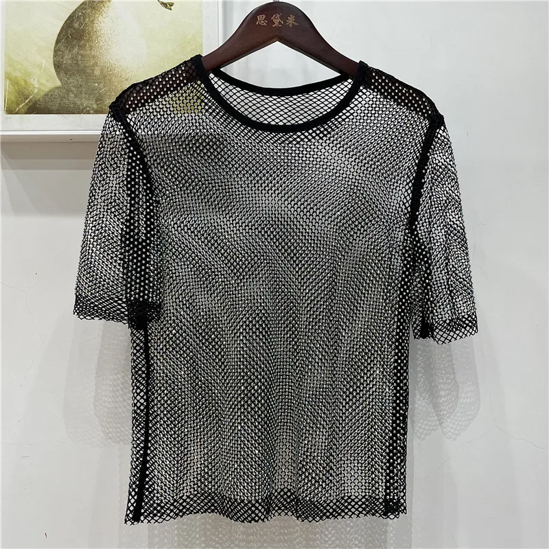 Sexy&Club New Sparkly Rainbow Color Rhinestones See Through Tank Tops Women Short Sleeve O-Neck Shirt Beach Wear Party Tee