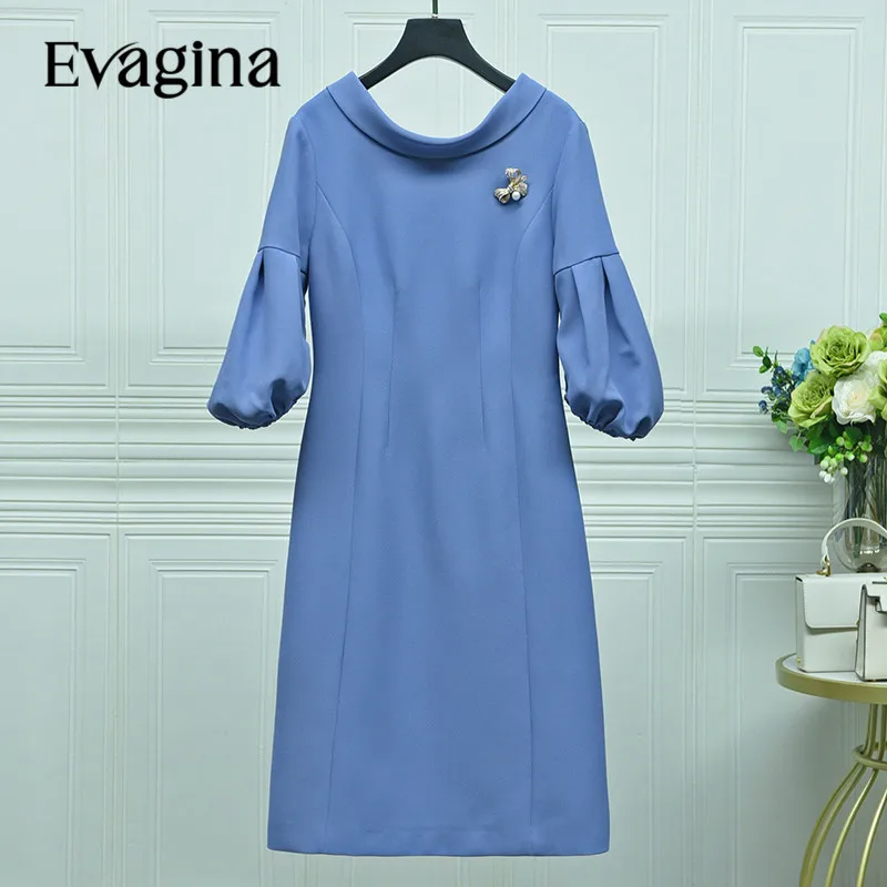 Evagina High Quality Fashion Designer Autumn Dress Women's Round Collar Puff Sleeves Breastpin Slim Office Lady Midi Dresses