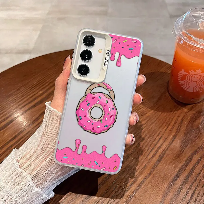 

For Samsung Galaxy S21 S23 S24 FE S25 S24 S23 S22 Ultra Plus Laser Phone Case Sweet Fabulous Pink Donut Cookies Bread Cake Cover