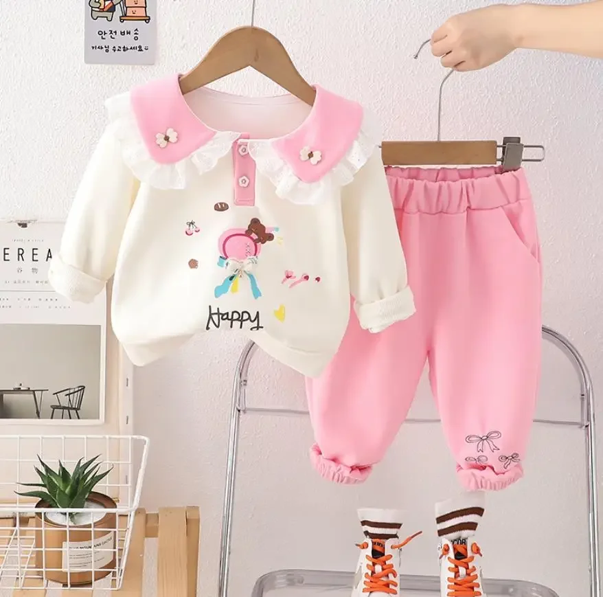

Spring Autumn Kids Sets Designer Clothes for Baby Turn-down Collar Lace Cartoon Long Sleeve T-shirts And Pants Girls Outfits