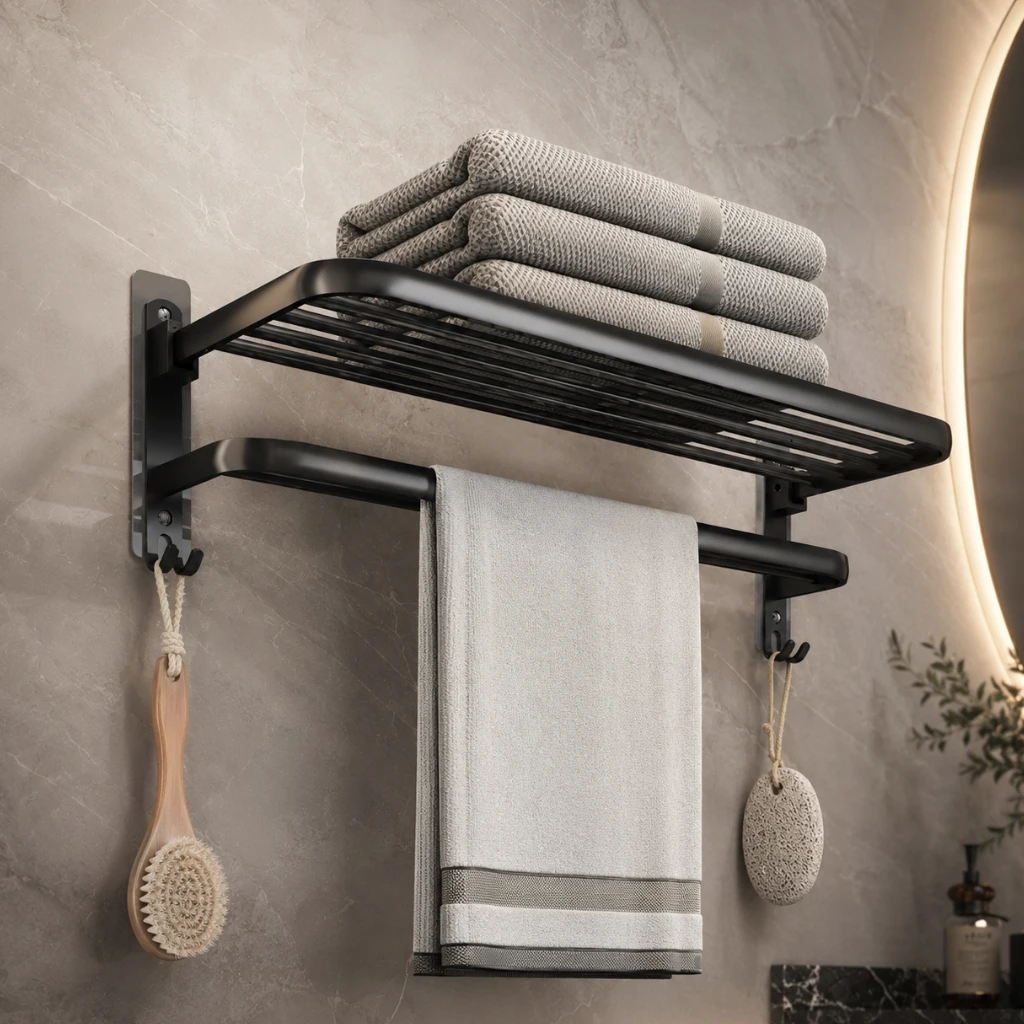 

Foldable Aluminum Towel Rack Shelf Wall Mounted Bathroom Storage Organizer Rustproof No Drill Hanging Shelf Clothes Holder