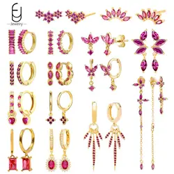 925 Sterling Silver Needle Rose Red Crystal Stud Earrings For Women Water Drop/Heart Pendant Gold Earrings Fashion Jewelry Gifts