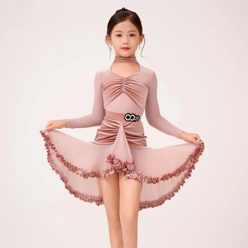 

Тренировочный наряд для латинских танцев, осенне-зимний новый бархатный розовый комплект, высококачественный наряд для выступлений для детей, танцевальная юбка