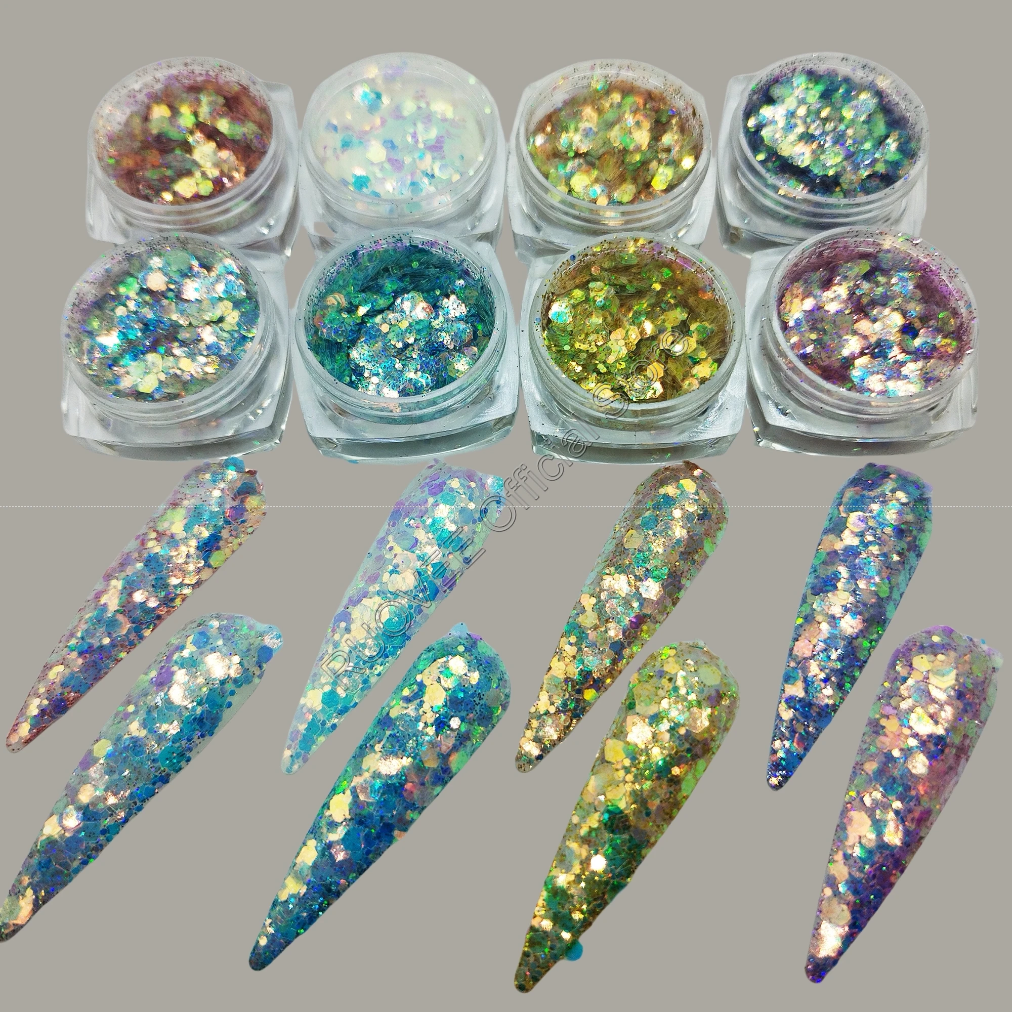 8COLOR Holographic Iridescent Mermaid Glitter Mix Hexagon Irregular Shard Sequin Shape Nail Art for Craft Deco Makeup Facepaint