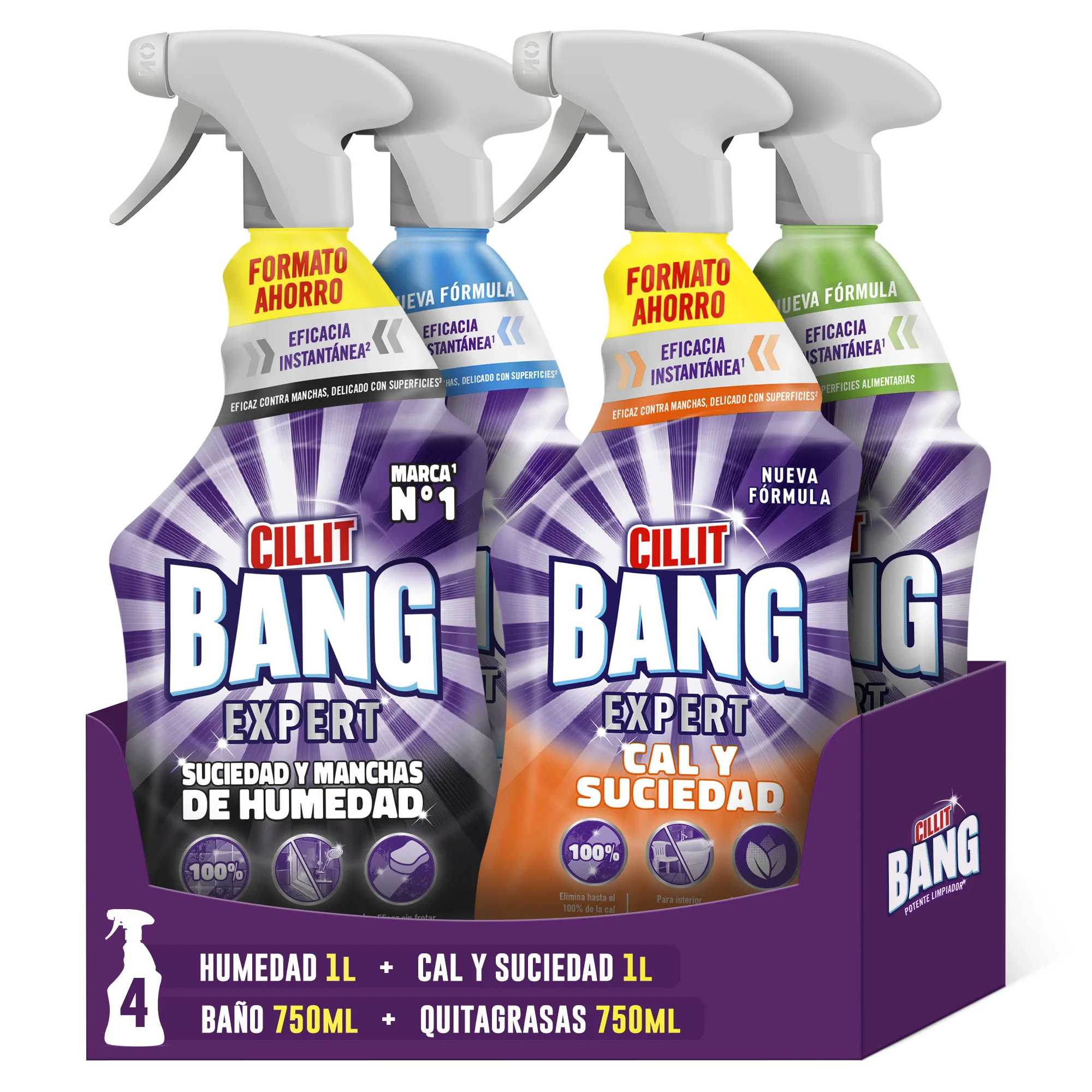 Cillit Bang - Pack 4 sprays (1 Suciedad y Humedad 1L, 1 Cal y Suciedad 1L, 1 Quitagrasas Cocina 750ml, 1 Ultra Baño Brillo 750ml)