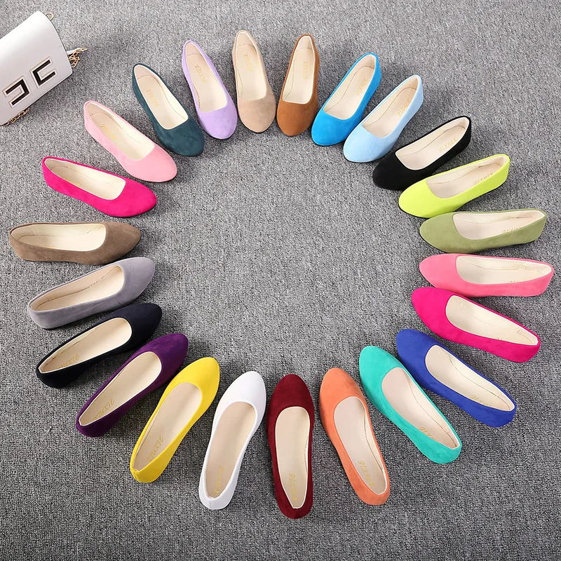 2026 Spring Autumn New Flock Pointed Toe Single Shoes Large Size Female 35-43 Candy Color Flat Heels  Ladies Ballet Dress Shoes