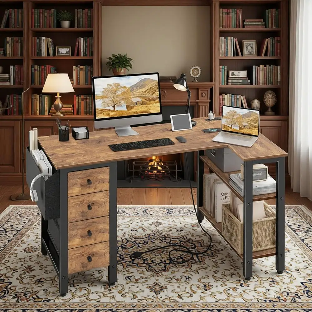 

Угловой стол L-образной формы с ящиками и полками для хранения, 47-дюймовый реверсивный стол с розеткой, компактный стол для домашнего офиса или спальни, L-образный