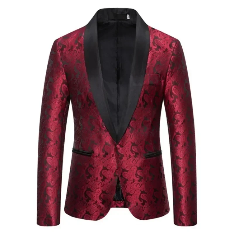 2025 Wedding Men's Blazer Jackets Red Cashew Flower Men Suit Coat Party Slim Fit Stylish One Button Long Sleeved Club Wear Suit