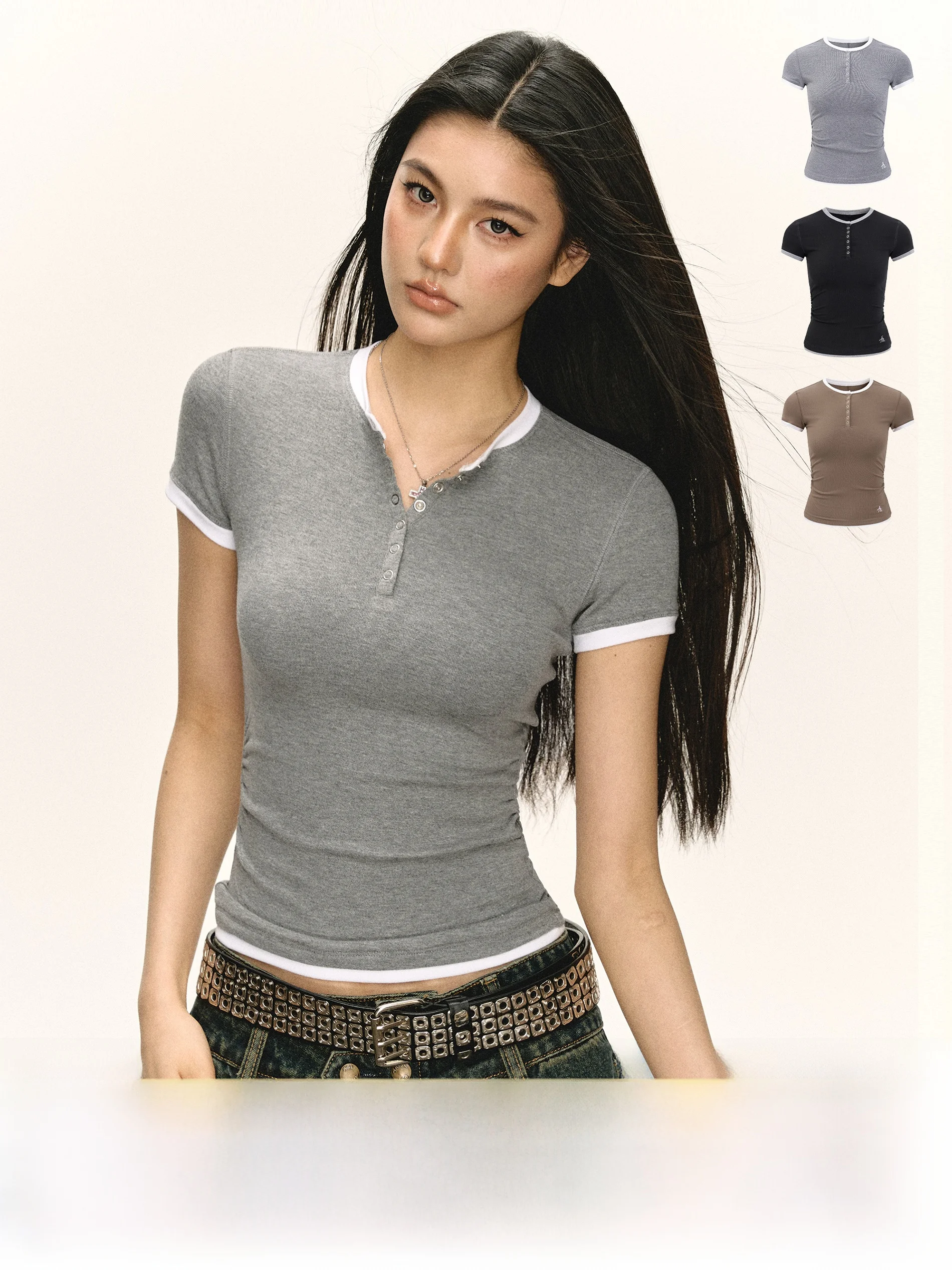 

Ariseism Ретро-американская футболка с воротником хенли, приталенная, с коротким рукавом, женская, весенняя новинка, базовая модель, уличная мода, повседневная.