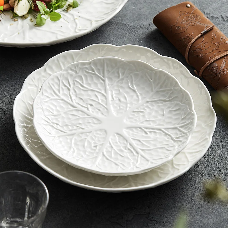 Nordic Modern Cabbage Relief Ceramic Plate White Steak Pasta Dinner Plates Restaurant Hotel Tableware Afternoon Tea Dessert Dish