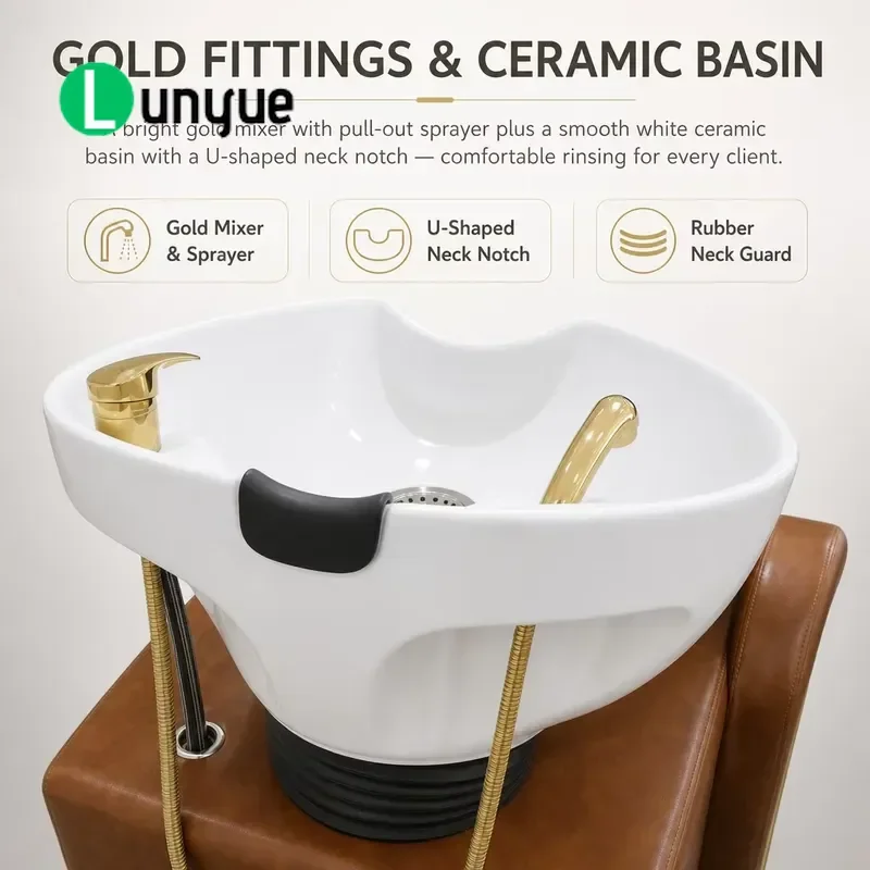 Shampoo Chair with Adjustable Basin Champagne Brown Vertical Channel Quilted Design Gold Faucet for Hair Washing