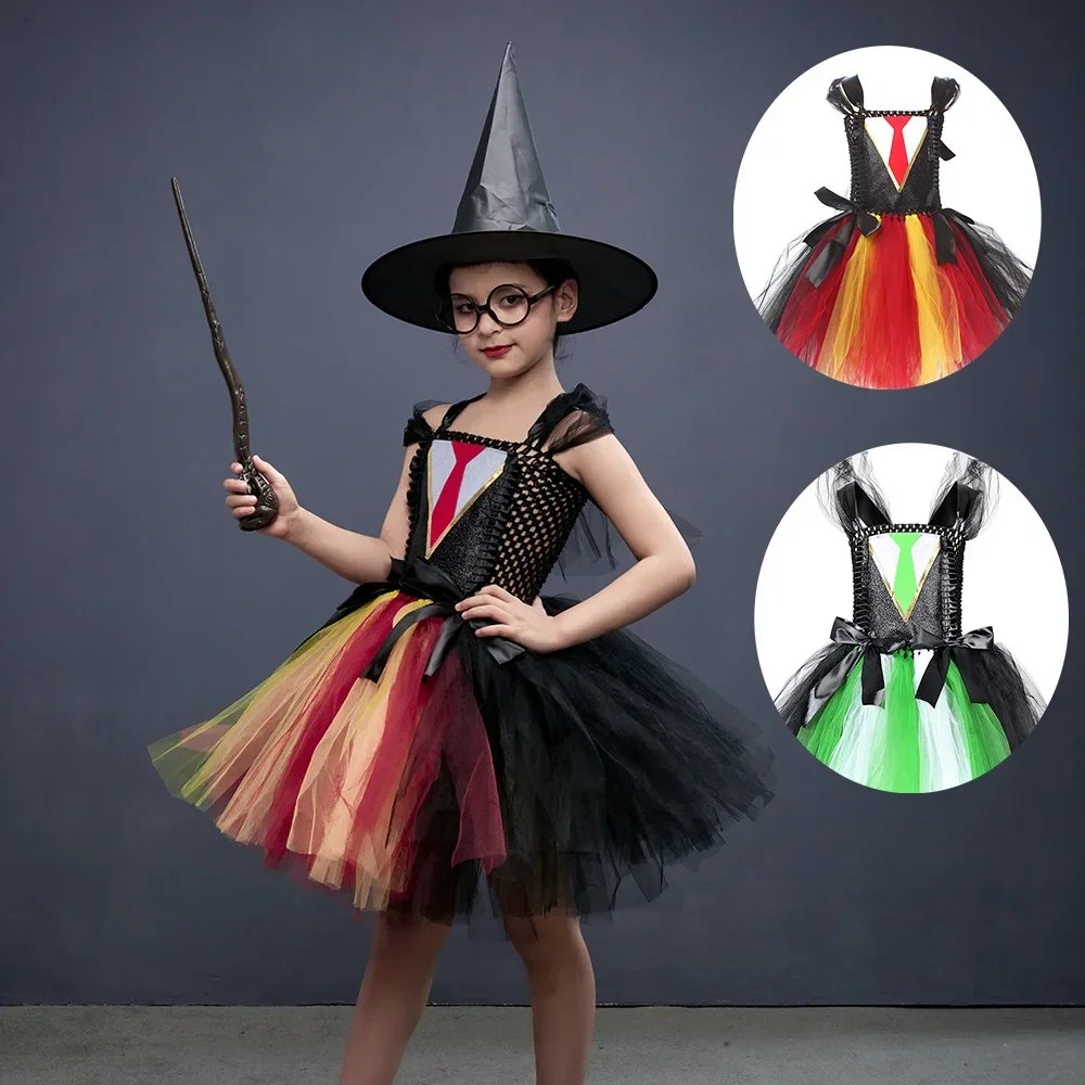 Girls Magic Tutu Dress for Halloween Cosplay Costume Potter Witch Cosplay Clothes With Wand Kids Birthday Party Carnival Outfits