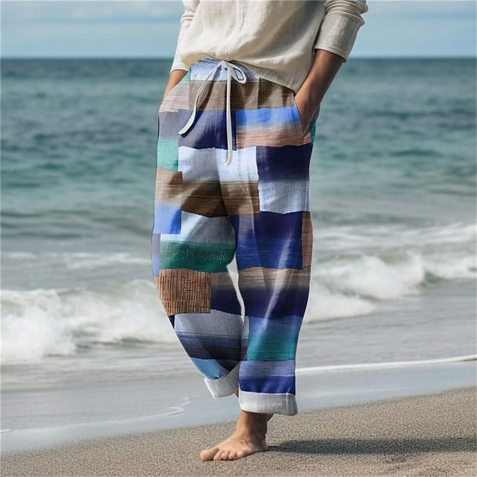 Men's Summer Beach Drawstring Elastic Waist Pattern Color Block Geometric Pattern Breathable Soft Warm House Rave Bottoms