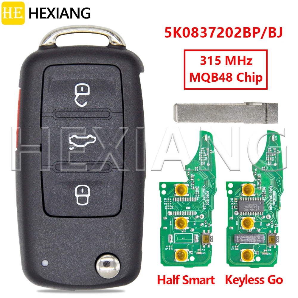 

Автомобильный выкидной ключ-пульт для VW Volkswagen Passat Jetta Beetle Caddy Multivan 5K0837202BJ 5K0837202BP с чипом MQB48 315 МГц и платой KYDZ PCB
