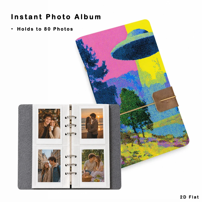 Vertical Double Pocket Photo Binder Album 80 Pockets, Colorful UFO Pixel Art Cover Photo Organizer Book for 3 Inch Instant Photo