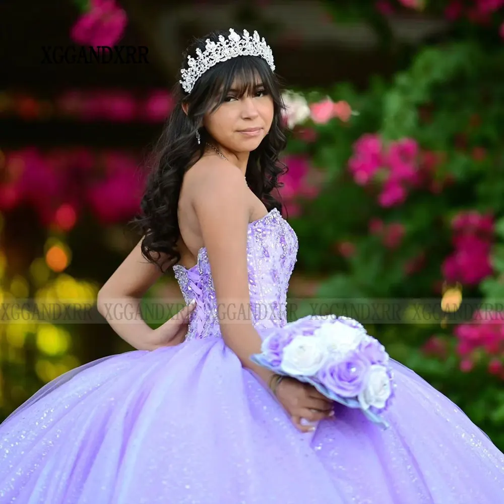 Vestido púrpura claro De Quinceañera XV, brillante, con cuentas, lentejuelas, para 15 Años, cumpleaños, dulce 16, 2024