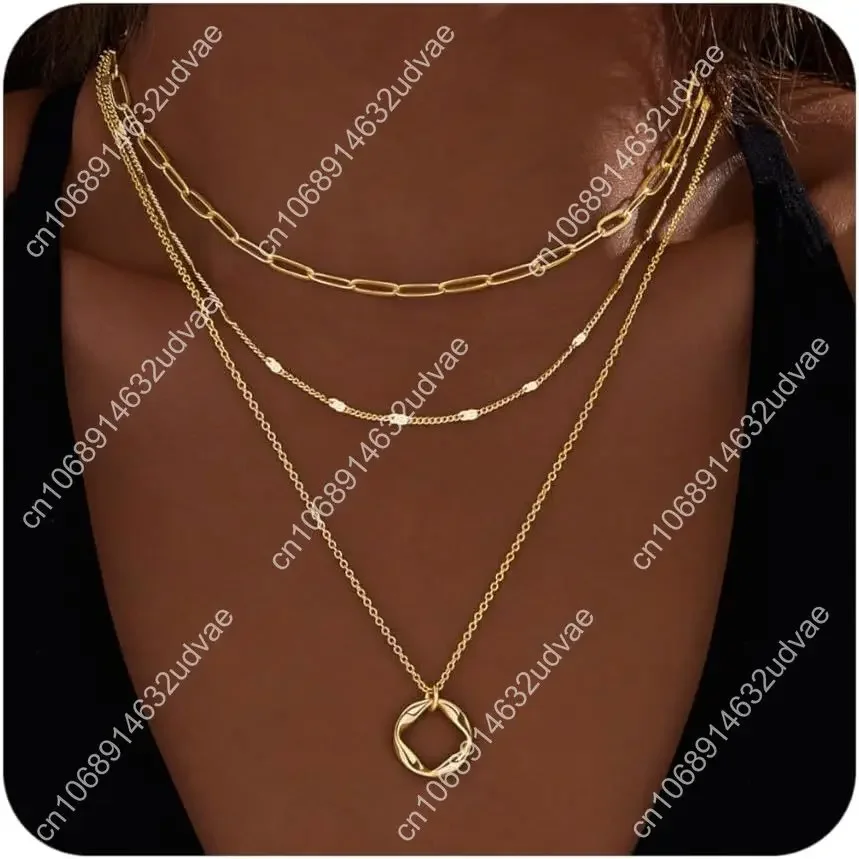 

Многослойные золотые ожерелья для женщин, штабелируемые изящные золотые 14-каратные посеребренные модные круглые скрепки-цепочки с подвеской-колье, ожерелье S