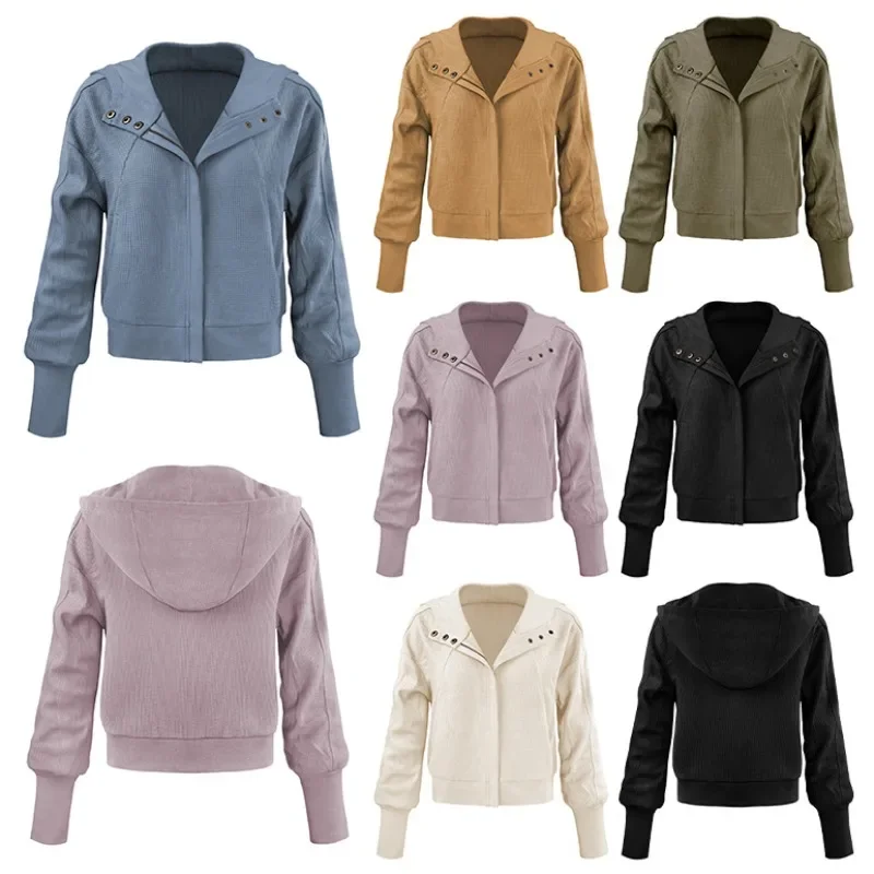 Chaqueta con capucha de retazos para mujer, sudadera con capucha informal perezosa con cremallera, sudadera corta tipo gofre para otoño e invierno